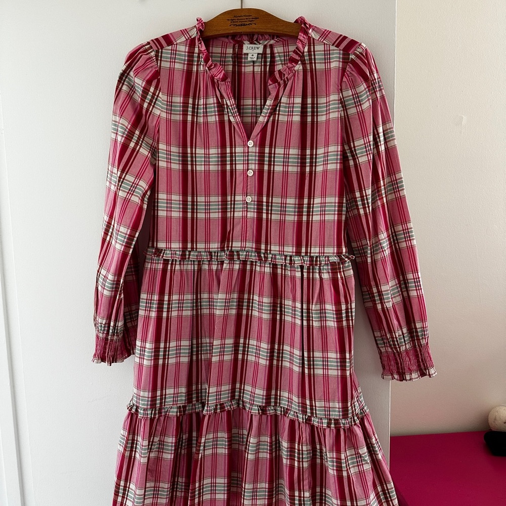 J. Crew Pink and Red Long Sleeve Tiered Dress
